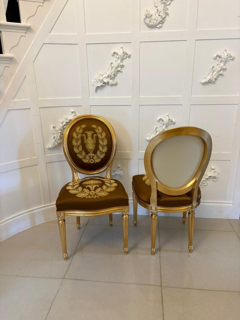 Large Rare Suite of 42 Matching Louis XVI Style Giltwood Dining Chairs with Silk Damask Upholstery - Image 8
